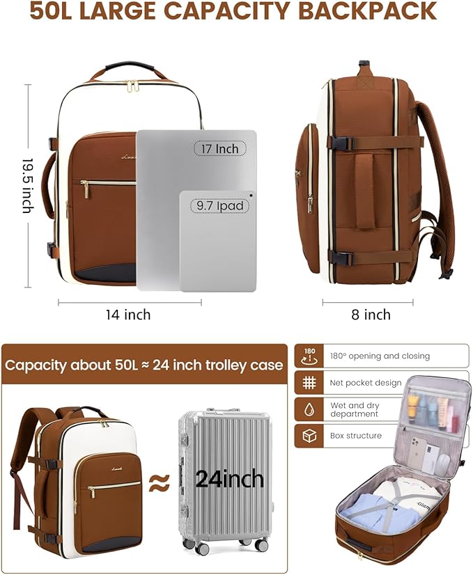 LOVEVOOK 50L Travel Backpack for Women & Men, Airline Approved Carry On Luggage with 3 Packing Cubes, TSA Overnight Bags, Waterproof Personal Item Bag, Weekender Essentials Backpacks fits 17" Laptop