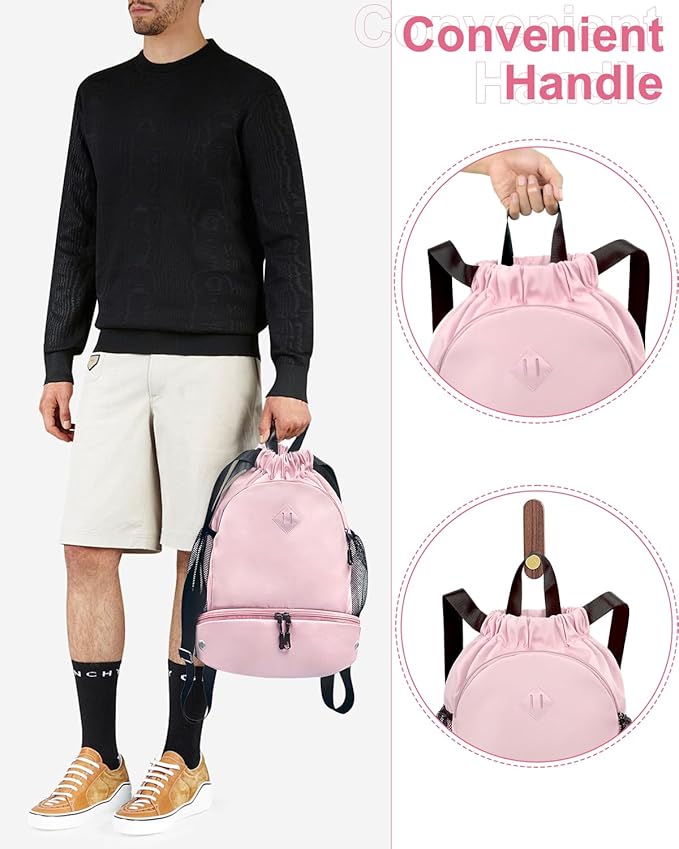 RHDZO Drawstring Backpack Gym Backpack with Shoe Compartment for Men Women String Sports Bag with Wet Pocket Cinch Swim Beach Bag, Large Pink