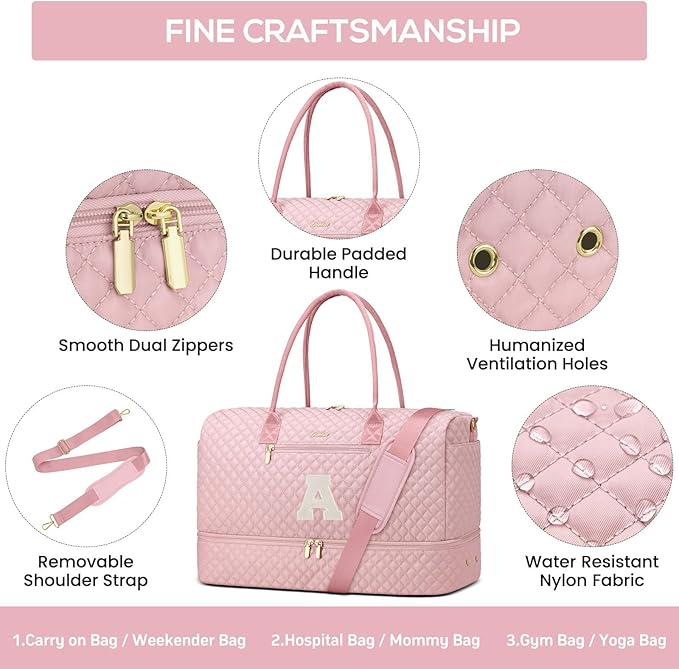 Letter Weekender Bags for Womens- Duffle Bag with Shoe Compartment Personalized Overnight Bag with Toiletry Bag Duffel Bags for Gym Hospital Bags Gift for Women Pink (Letter A)