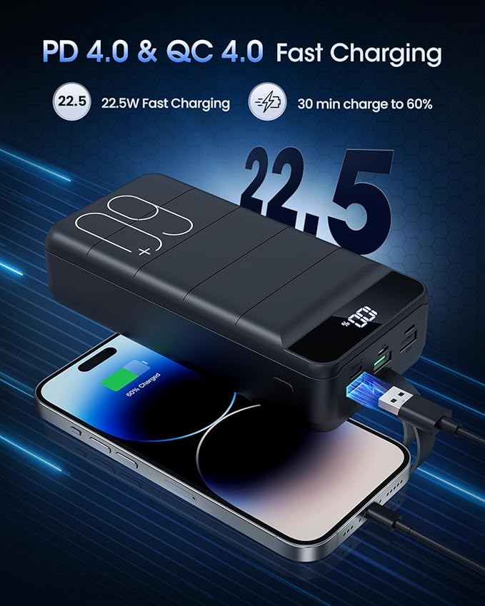 Portable Charger 60000mAh Power Bank - 22.5W Fast Charging External Battery Pack, LED Display USB C Portable Cell Phone Charger for iPhone, Samsung Galaxy, Android, Camping, Travel Black