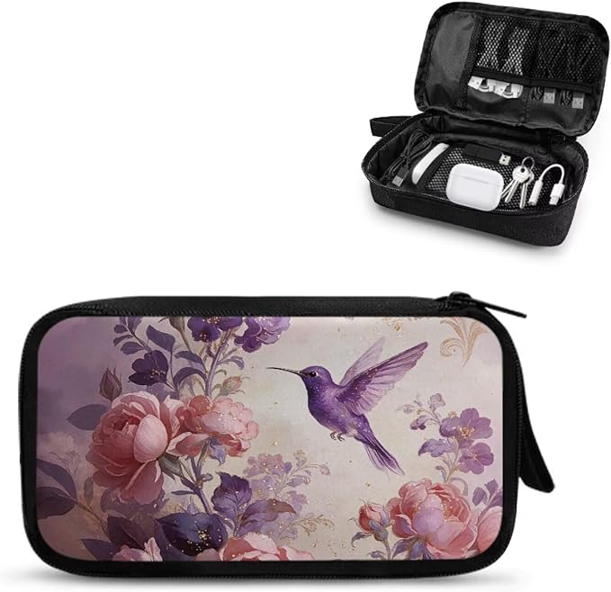 Purple Hummingbird Cord Organizer Travel Portable Electronic Organizer Travel Case Tech Pouch for Cable Cord Charger Phone Earphone Power Bank