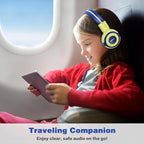SIMOLIO Kids Headphones with Microphone, 75dB-85dB-94dB Volume Limited Children Headphone with Share Port, On-Ear Wired Headset for PC, Tablet, Airplane Travel(Yellow)