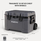 Igloo Trailmate 52Qt Wheeled Cooler, Insulated Hard Shell Ice Chest, Carbonite