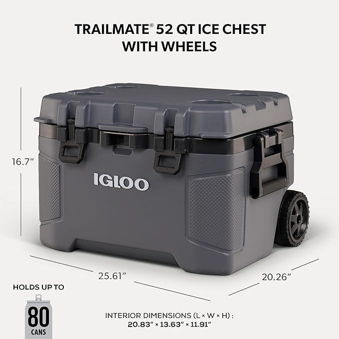 Igloo Trailmate 52Qt Wheeled Cooler, Insulated Hard Shell Ice Chest, Carbonite