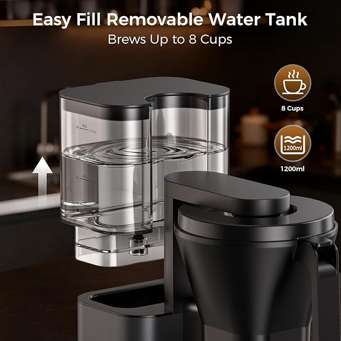 Kismile 8 Cup Drip Coffee Maker Machine, Pour Over Coffee Brew with 3s Instant Heat 197-205℉, Removable Water Tank, Adjustable Flow Control, Deep Cold Brew & Keep Warm 40 Min (starrygray)