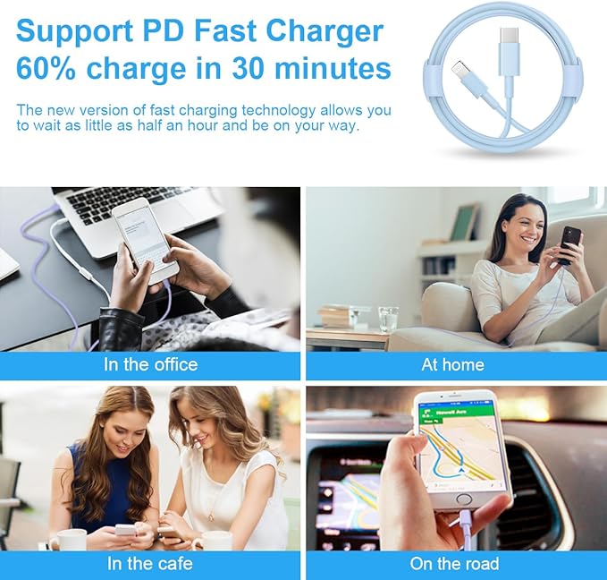 iPhone Fast Charger 3+3Pack 20W USB C Wall Charger with 6FT Fast Charging Cable Compatible with iPhone 14/13/12/11/Pro/Pro Max-Blue