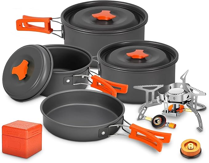 Smokey Camp Camping Cookware Mess Kit Set with Stove - Backpacking Camping Pots and Pans Set, All in One Non-Stick Camping Cooking Set, Portable Stove, Hiking, Picnic, Outdoor & Camping Cookware Set