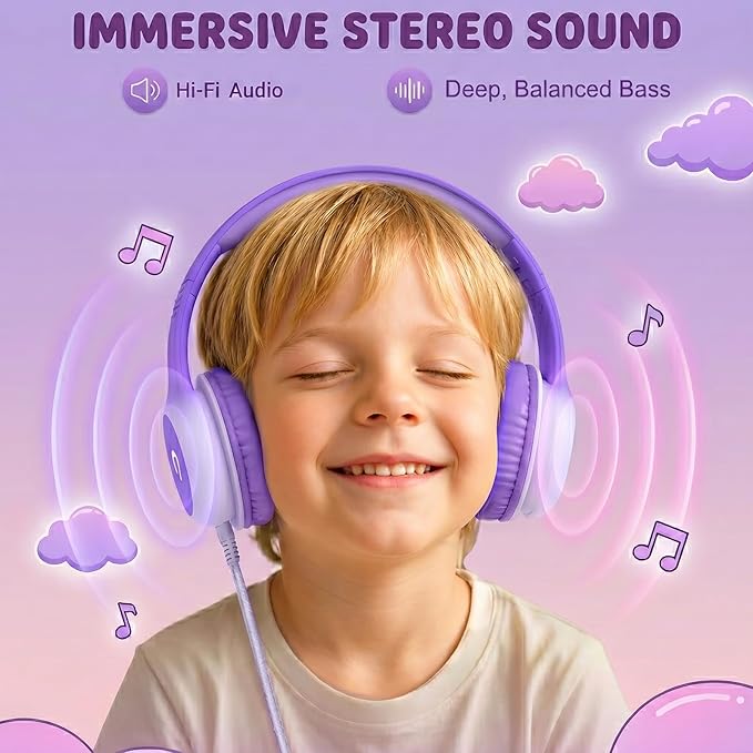 ADOOPE Wired Kids Headphones with USB C Plug, 85dB Safe Volume, Adjustable Headband, Tangle-Free Cord Headphones for School, Tablet, Travel (Lavender Purple, Without Microphone)