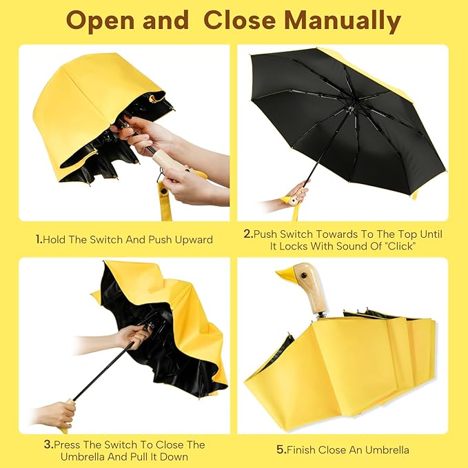 Compact Small Umbrellas for Rain&Sun, Cute Design Duck Head Umbrella for Girls Gifts, 8 Ribs Folding Umbrella with Wooden Handle