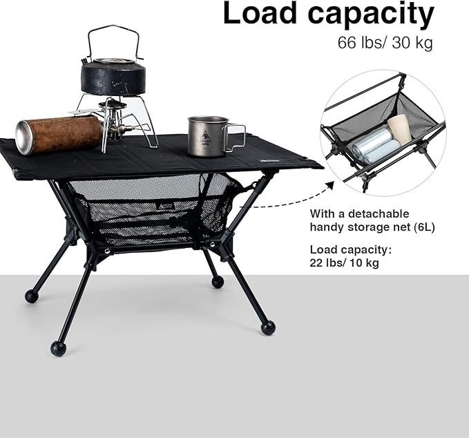 ONETIGRIS Dipper Camping Table, Lightweight Portable Folding Table with Mesh Storage Net, High/Low Options, Ideal for Camping, Hiking, Tailgating, Beach, Picnic, Travel, Backyard