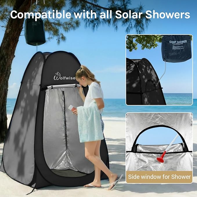 Wolfwise Pop Up Shower Tent for Camping, Portable Instant Changing Tent with Ventilation Window & Carry Bag, Privacy Bathroom Toilet for Beach & Outdoor, Width 47 ", Height 75 ", Silver-Coated Fabric