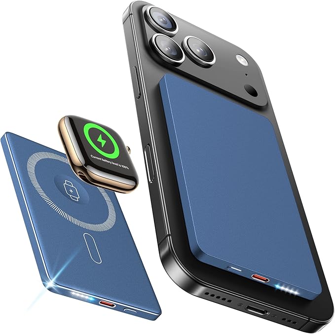 3-in-1 5000mAh for Magsafe Power Bank Thin Slim 22.5W Fast Charging Type C Magnetic Battery Pack Powerbank for Travel, Mini Wireless Portable Charger for iPhone 17 16 15 14 13 Watch Android Matte Blue