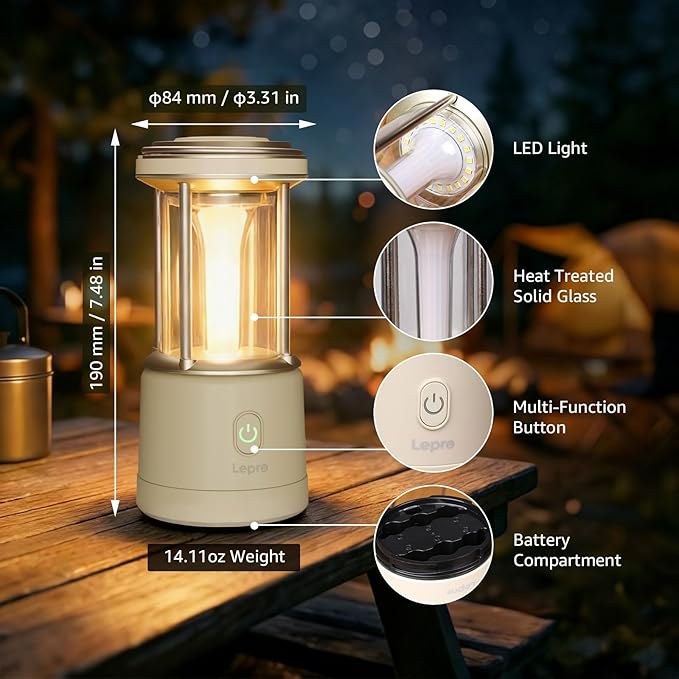 Lepro 1100LM Battery Powered LED Camping Lantern, Waterproof Tent Light with 5 Light Modes, Camping Essentials, Portable Lantern Flashlight for Camping, Emergency Light, Power Outage, Not Rechargeable