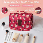 Toiletry Bag Travel Bag with Hanging Hook, Waterproof Capacity Hanging Multifunctional Makeup Bag for Toiletries, Portable Cosmetic Bag Travel Organizer for Women and Men(Wine Red FLower)