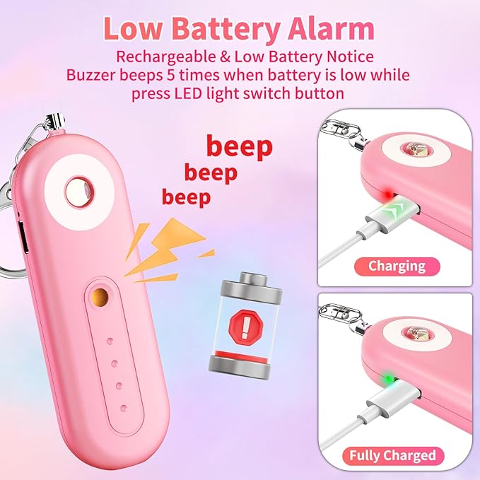 Rechargeable Personal Safety Alarm for Women - 130dB Self Defense Keychain Siren Whistle with SOS Strobe Light, Low Battery Notice - Emergency Security Safe Protection Devices, College Essentials
