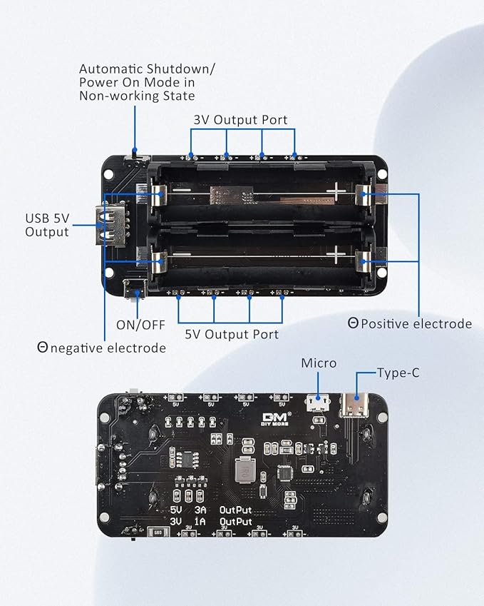 diymore 1865O Battery Holder Double Li-ion V8 Shield Micro USB 5V/3A 3V/1A Power Bank Battery Charging Module for Raspberry Pi and Arduino with 30CM USB Port line(2 Holders)