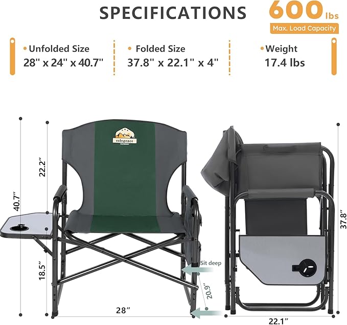 Colegence Oversized Directors Camping Chair Support 600 LBS, Heavy Duty Folding Outdoor Chairs with Detachable Side Pocket and Adjustable Side Table for Outside Beach,Lawn,Fishing (Green)