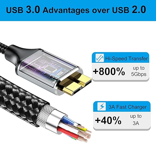 USB 3.0 Micro B Cable 3 FT, External Hard Drive Cable 5 Gbps High-Speed USB A to Micro B Cord Compatible for Brother Scanner Seagate Xbox One Toshiba WD Hard Drive