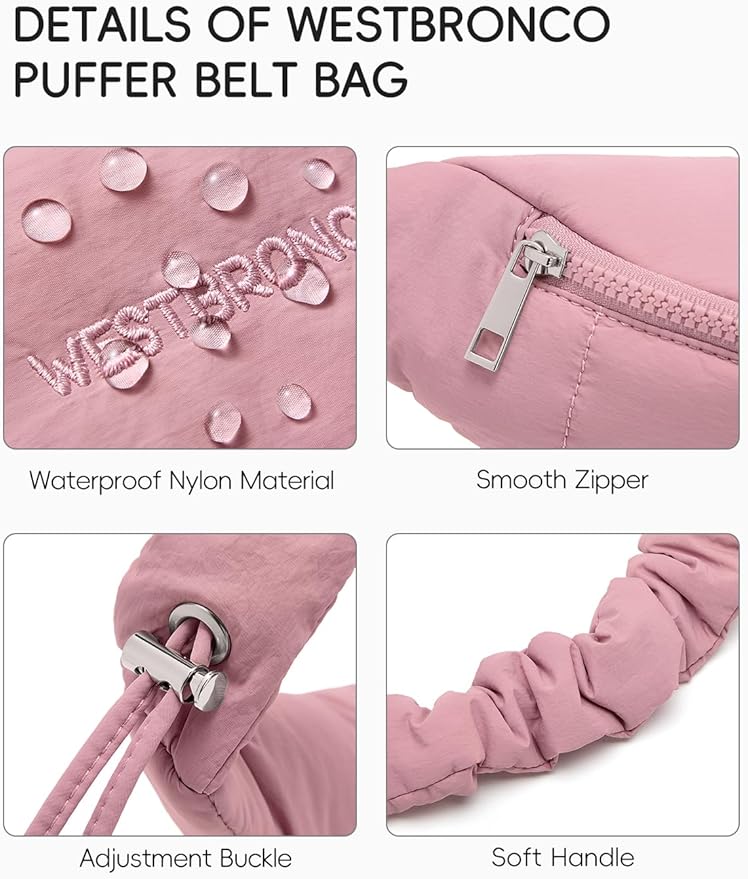 WESTBRONCO Puffer Fanny Packs for Women Small Crossbody Sling Bag, Nylon Quilted Belt Bag for Travel Hiking Running Waist Bag with Adjustable Strap
