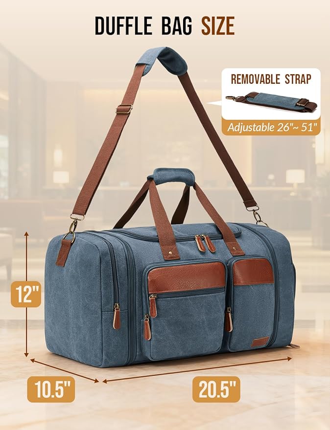 Canvas Duffle Bag for Travel 50L Expandable Travel Duffel Bags for Men Women Overnight Weekend Gym Bag with Shoes Compartment - Navy blue