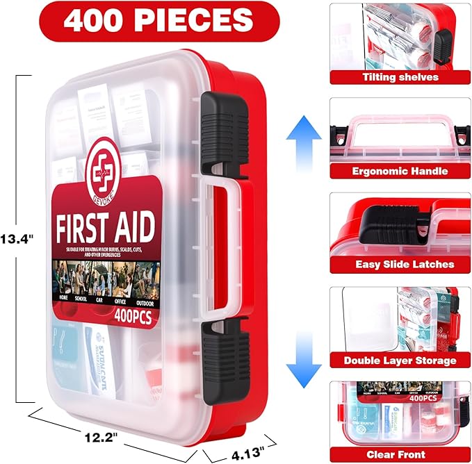 Gevoke 400 Piece First Aid Kit - Organized Dual-Layer Wall-Mountable Hard Case Medical Kit for Home, Car, Camping, Travel, Hiking, Truck, Office, Sports, Vehicle & Outdoor Emergencies