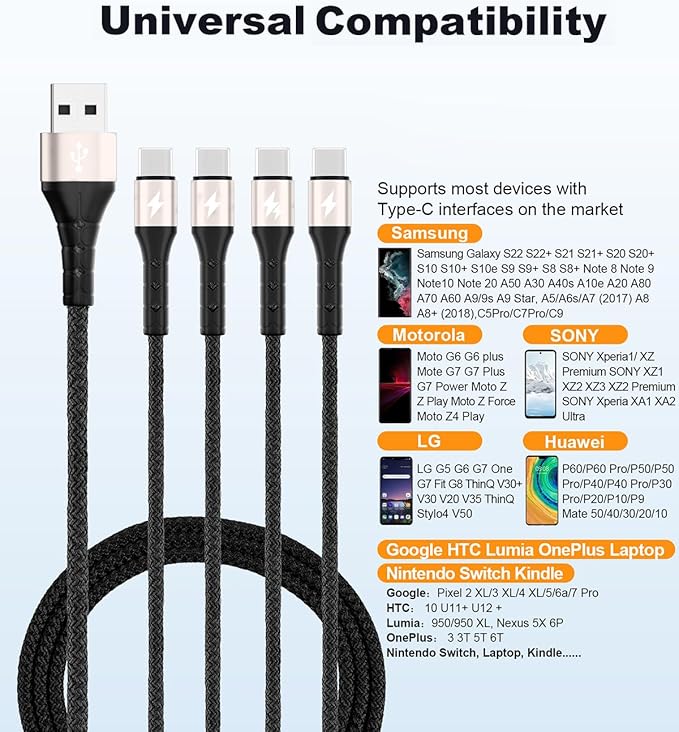 SIQIWO Multi USB C Cable Fast Charging, [4FT/2 Pack] QC 3.0(3A) USB C Splitter Cable, 4 in 1 Charger Cord with 4 Type C Ports, for iPhone 17/16/15 Series, iPad Air/Pro, Samsung Galaxy S25, Pixel, PS5