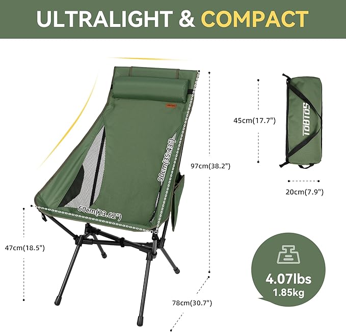 TOBTOS Portable High Back Camping Chair, Support 440 lbs, Ultralight Folding Chair with Head Support, Compact Backpacking Chair for Outdoor Camp Backpacking Fishing (Green)