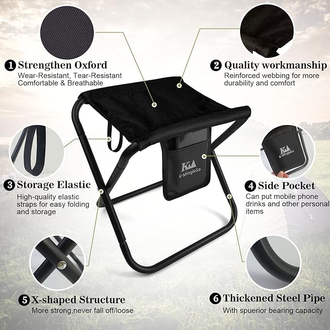 Upgraded Portable Folding Stool, 13 Inch Camping Stool for Adults Fishing Hiking Gardening and Beach with Carry Bag, Hold Up to 450lbs[Black]