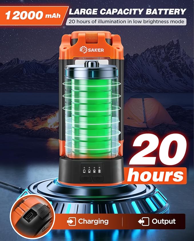 Saker Portable Camping Light with Stand 12000mAh 73.2" Rechargeable Work Light 3200 Lumen Camp Lanterns with Bag for Garage, Outdoor Work, Emergency Power Outages, Fishing LD10 Orange