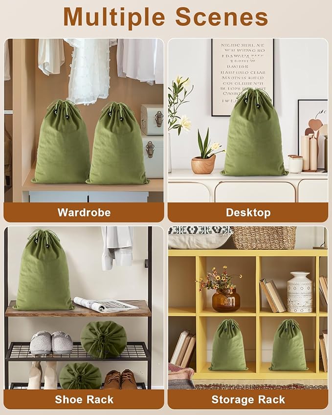 FantasyLife Shoe Bags for Travel, Washable Dust Bags for Storage & Packing, Flannel Shoe Pouch with Drawstring Closure for Purses, Handbags, Shoes & Toys (4, Sage Green, 17.3"x12.6")