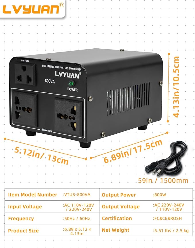 LVYUAN Voltage Converter Transformer 800 Watt Step Up/Down Convert from 110V-120V to 220V-240Vt and from 220V-240V to 110V-120V with 2 US outlets, 2 Universal outlets, Resettable Circuit Breaker