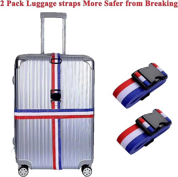 2 Pack Luggage Straps, Bright Colors Adjustable Suitcase Belts with Quick Release Buckle (FranceColor)
