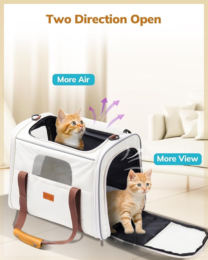 Morpilot Pet Travel Carrier Bag, Soft-Sided Dog Carrier Cat Carrier Pet Carrier, for Large Cats and Medium Puppies up to 25lbs, with Locking Safety Zippers, Foldable Bowl (Beige)