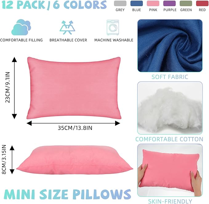 Kigley 12 Pack Mini Pillows for Daycare 9.1 x 13.8'' Small Travel Pillow Bulk Soft Breathable Cotton Pillow for Nap Travel Pet Neck Lumbar Purse Insert (Dark Color)