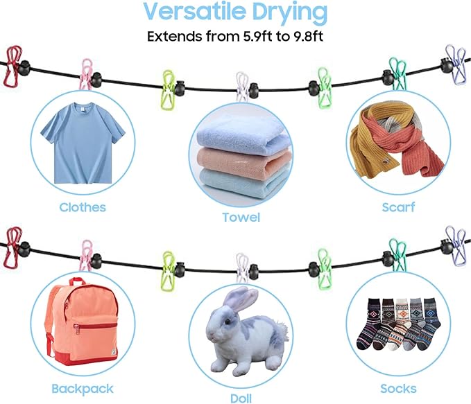 Retractable Portable Travel Clothesline, Clothing Line with 12 Clothes Clips for Indoor Laundry Drying Line with Clothesline Stops, Outdoor Camping Accessories