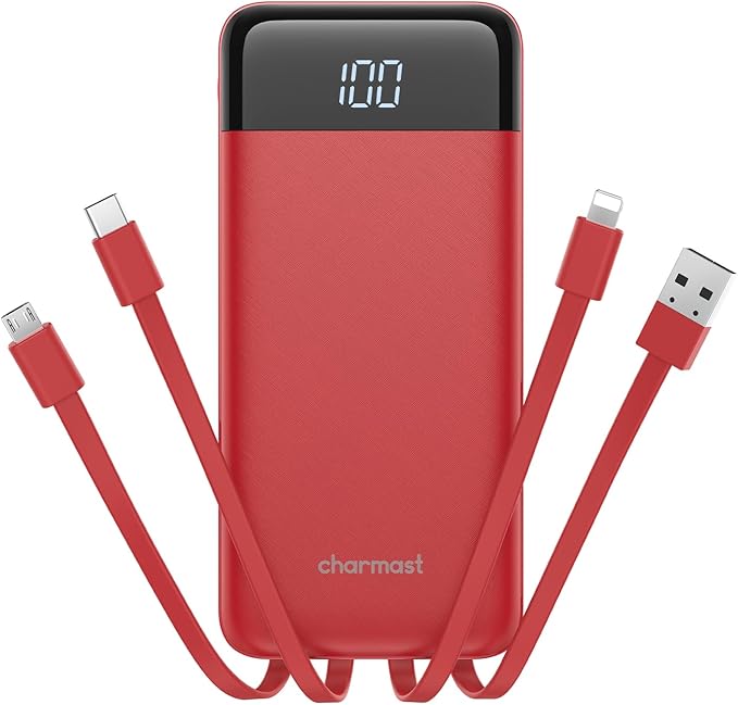 charmast 10000mAh Portable Charger with Built-in Cables, 6 Outputs & 3 Inputs Power Bank, Compact Travel Essential Battery Pack for iPhone 16/15, Samsung S25/S24, Google Pixel, iPad, AirPods & More