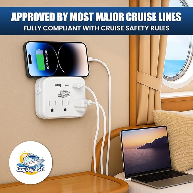 Cruise Ship Compliant Non-Surge Power Strip (6-in-1) Outlet Extender with 3 AC Outlets, 2 USB Ports & 1 USB-C, 2500W, Carnival, Norwegian, Princess & Disney Cruises – Verify Policies Before Travel