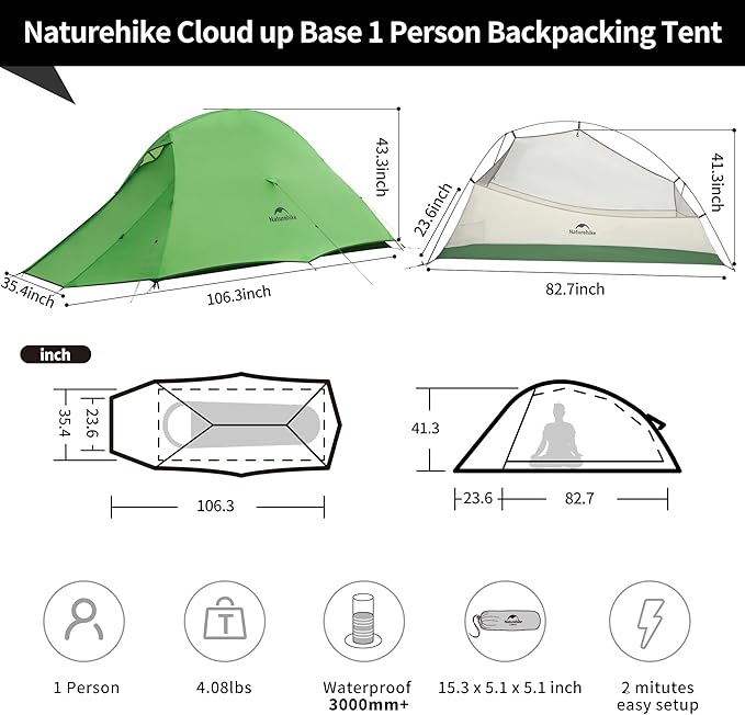 Naturehike Cloud Up Tent, Lightweight Backpacking Tents, Waterproof Ultralight Tent for Camping Hiking Backpacking