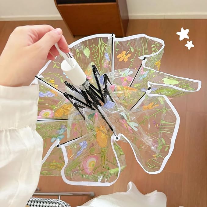 Chesoon Clear Folding Umbrella with Windproof Surface Automatic Opened Compact Design 8 Fiberglass Ribs for Girls/Women