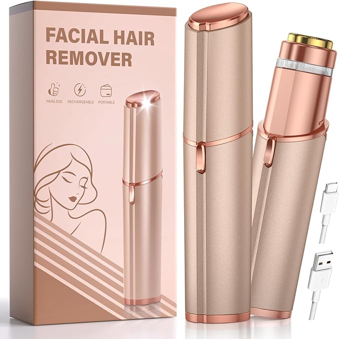 Facial Hair Removal for Women: Painless Rechargeable Face Shaver Electric Hair Remover Device for Peach Fuzz Upper Lip Chin (Gold)