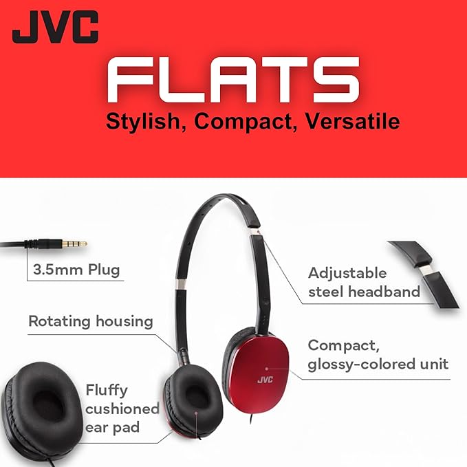 JVC Flats On-Ear Wired Headphones - Flat Foldable Design - 30mm Driver for Powerful Sound - Soft Ear-Pads for Comfort – Steel Headband - Lightweight & Portable - PC/Laptop/Gaming - 3.5mm Slim Plug