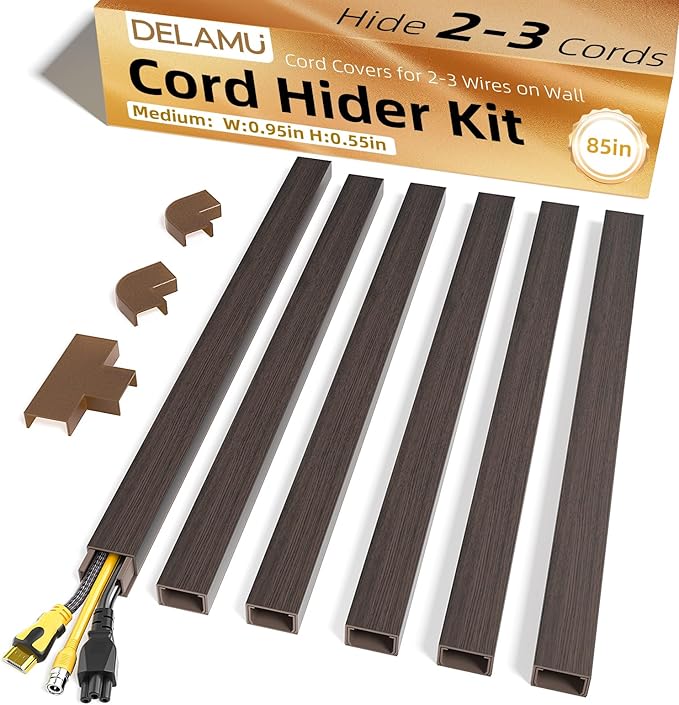 Delamu Cord Hider, 85in Cord Covers for 2-3 Wires on Wall, Self-Adhesive Cable Hider, PVC Wire Hiders Wire Covers for TV Cords on Wall, Easy Mount Cable Cover Raceway Kit, W0.95 H0.55in, Darkwood