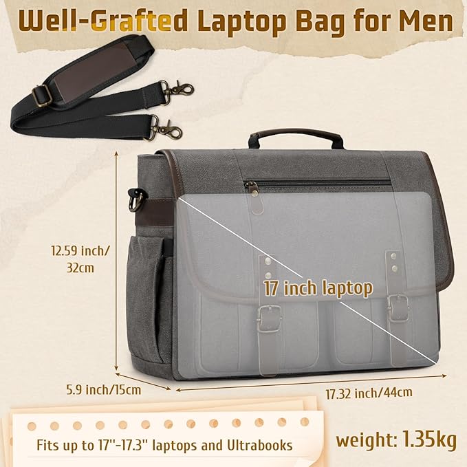 RAINSMORE Mens Messenger Bag 17-17.3 Inch Vintage Canvas Briefcase Water-resistant Large Computer Laptop Bag Rugged Satchel Shoulder Bag for Work Travel, Bookbag for College