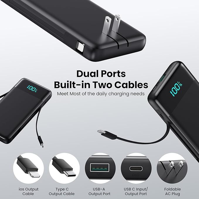 Portable Charger with Built-in AC Plug and Cables,13800mAh All in One USB C Fast Charging Power Bank,Travel Essentials Portable Phone Charger Battery Pack for iPhone 17/16/15/14/13,Galaxy,Android etc