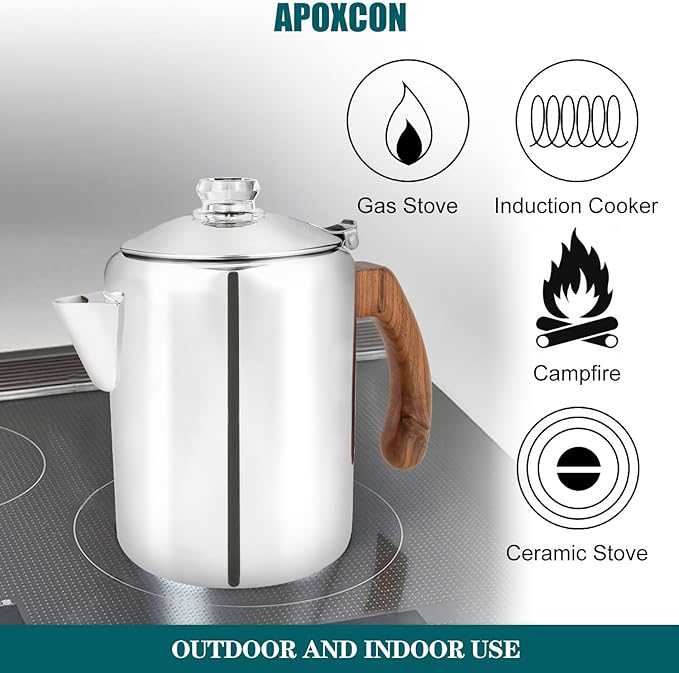 APOXCON Coffee Percolator Pot Stainless Steel Coffee Maker with Tough Glass Knob & Fireproof Solid Wood Handle & Drip-Free Spout Camping Coffee Pot Using on any Stovetop NO Aluminum NO Plastic (8 Cup)
