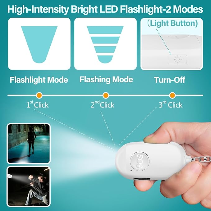 Hion Personal Safety Alarm for Women, 2 Pack Rechargeable 130dB Self Defense Alarm Keychain with LED Flashlight, Emergency Safe Sound Security for Children Elderly College Girls, Black+White