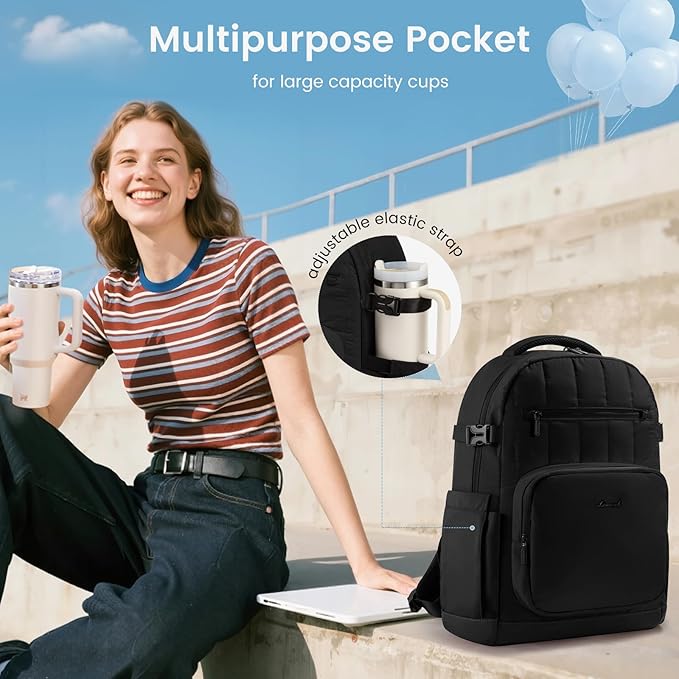 LOVEVOOK Laptop Backpack for Women with Giant Tumbler Holder Pocket,17 Inch Puffer Travel College Work Backpack Purse for Teacher Nurse,Waterproof Laptop Bag Computer Back Pack Casual Daypack,Black