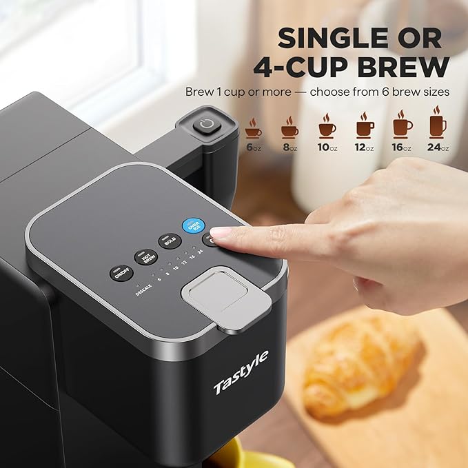 Tastyle Single Serve Coffee Maker with Built-in Detachable Milk Frother, Iced and Hot Coffee Machine for K Cup & Grounds, 40oz Removable Water Reservoir, 6 Cup Sizes, Fits 7.3" Travel Mug, Black