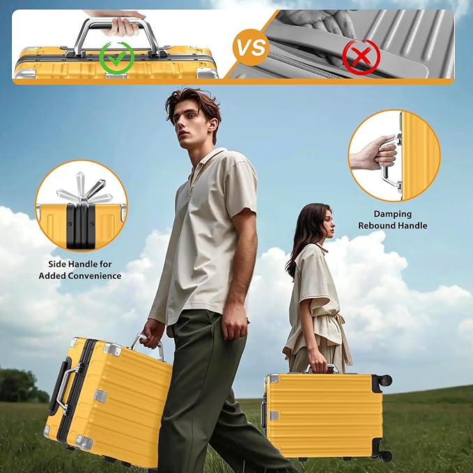 Krute Carry On Luggage 20 inch Aluminum Frame Luggage with Spinner Wheels Hardshell No Zipper PC+ABS TSA Lock Zipperless Suitcases Yellow