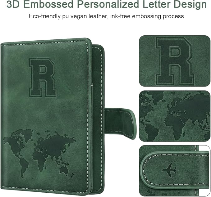 Personalized R Passport Holder Cover Initial Letter Travel Wallet RFID Blocking Passport Cover Credit Card Holder Case Passport Book Holders for Women and Men, Pine Green-R